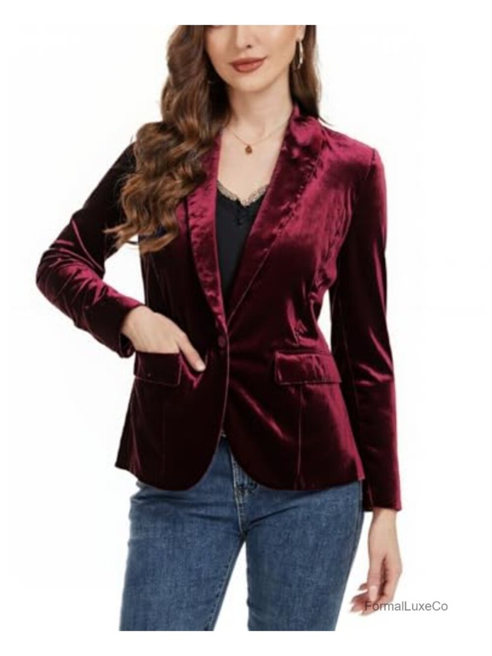 Women's Velvet Blazer Jacket 1 Button Long Sleeve Shawl Lapel Suit Jacket